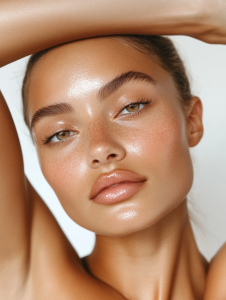 Close-up of a woman’s smooth, hydrated skin, showcasing the results of a deep-cleansing and rejuvenating facial.