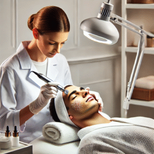 A professional esthetician performing a microneedling treatment on a client in a clean, well-lit skincare studio. The esthetician is wearing gloves and a white coat, using a high-quality microneedling device on the client's face. The spa setting is modern and calming, with soft towels, skincare products, and a serene ambiance.