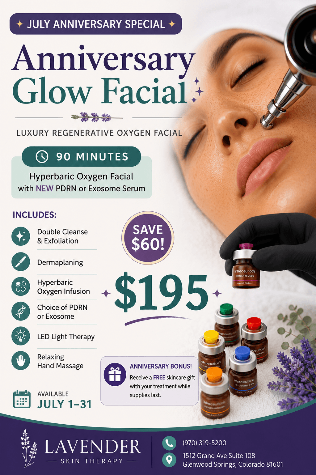 July Anniversary Glow Facial - 90 min oxygen facial with PDRN or Exosome serum Anniversary Glow Facial