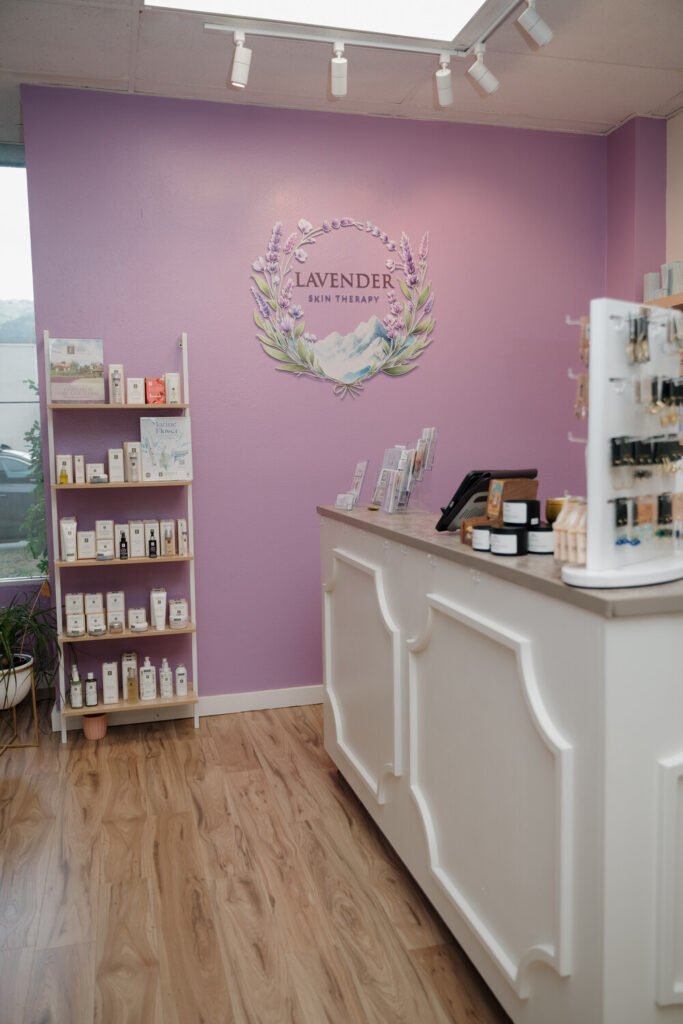 Lavender Skin Therapy front desk and skincare shelves in the Glenwood Springs studio