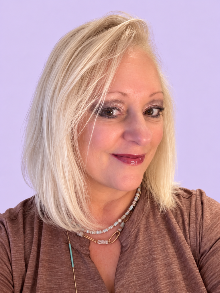 Tami Bell, LMT, BCTMB, with blonde hair against a lavender background